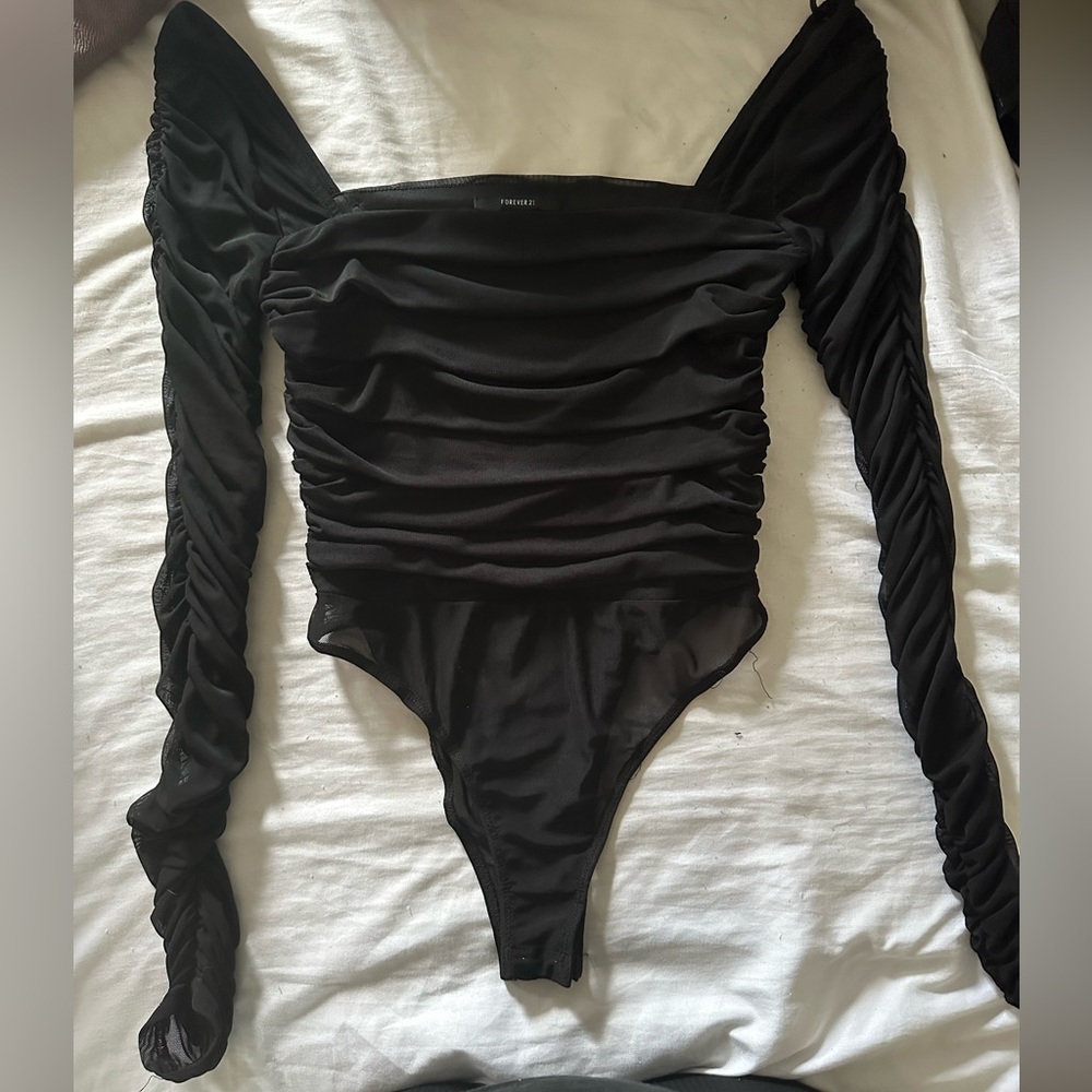 Forever 21 Mesh Ruched Long sleeve Bodysuit